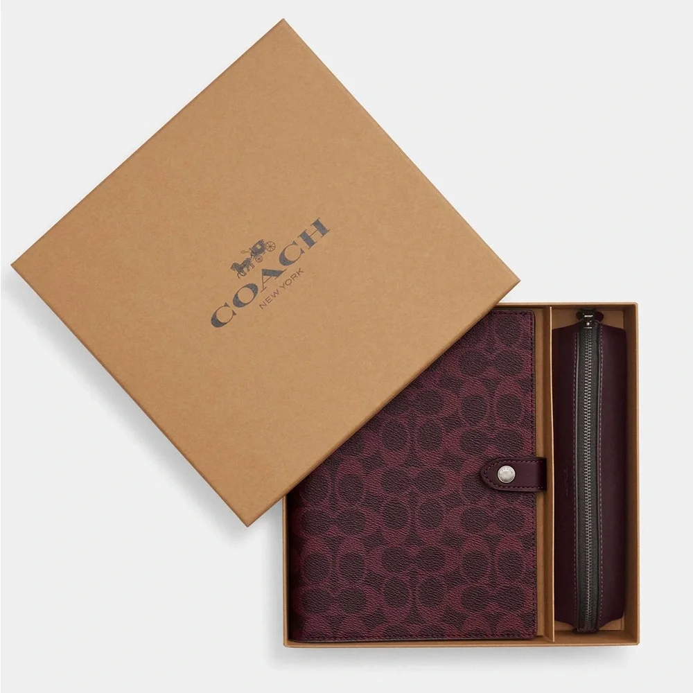 NWT Coach Black Currant Dark Red Boxed Notebook And Pencil Case Set CCP97